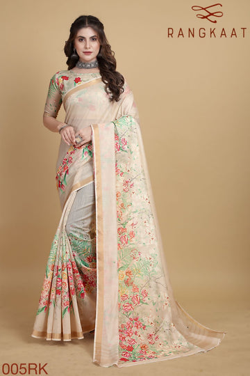 Beautiful Designer Soft Linen Cotton with Designer Floral Print Saree