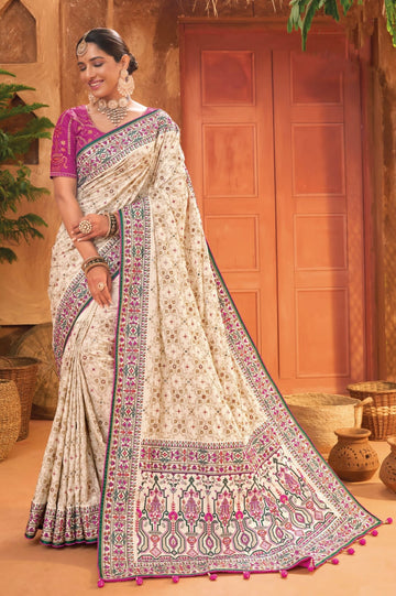 Bridal Wedding Cream Kacchi Work Banarasi Silk Saree