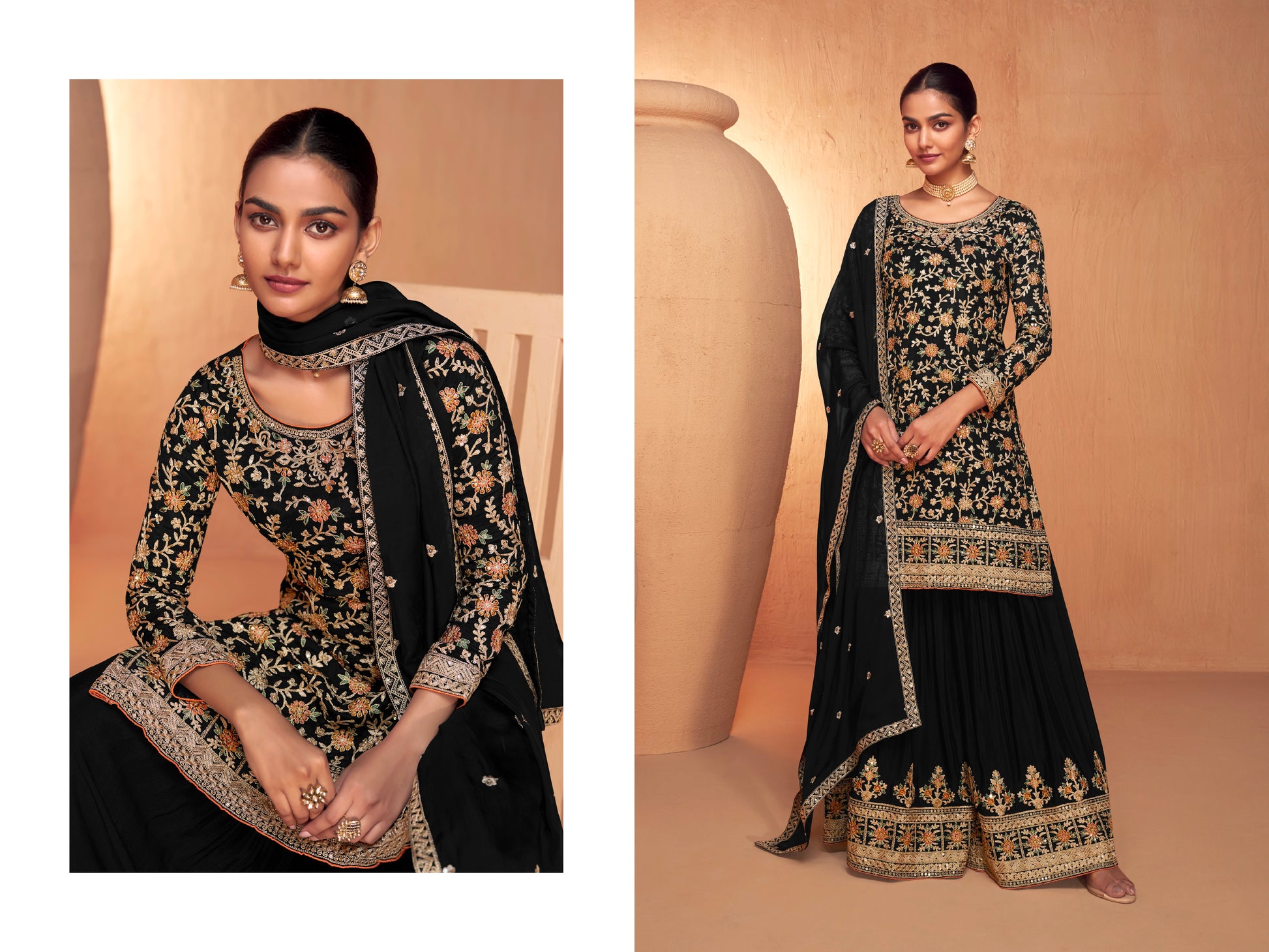 Black Embroidered Sharara Suit with Real Chinon Dupatta