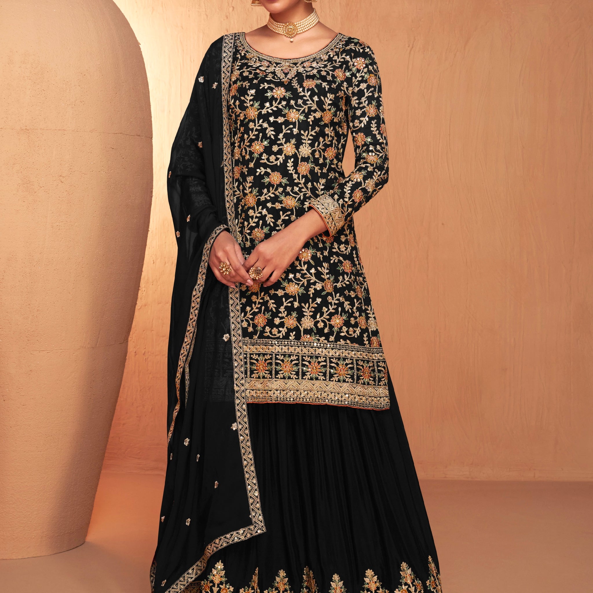 Black Embroidered Sharara Suit with Real Chinon Dupatta