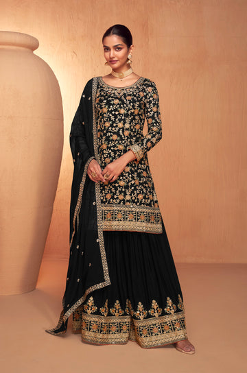 Black Embroidered Sharara Suit with Real Chinon Dupatta