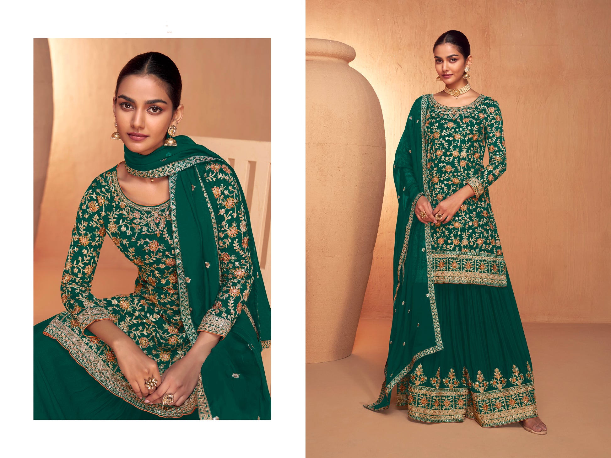 Green Embroidered Sharara Suit with Real Chinon Dupatta