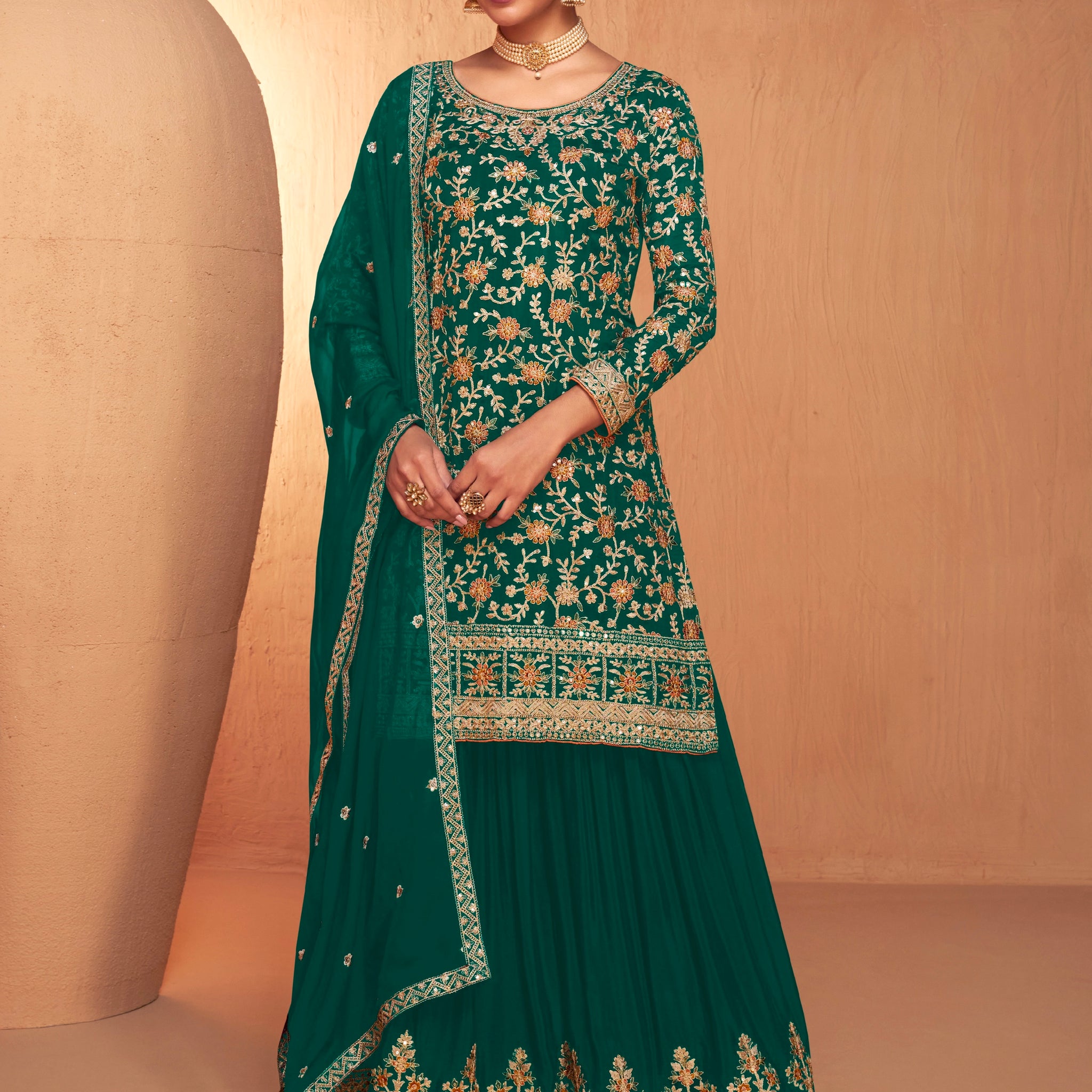 Green Embroidered Sharara Suit with Real Chinon Dupatta