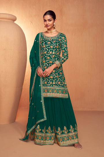 Green Embroidered Sharara Suit with Real Chinon Dupatta