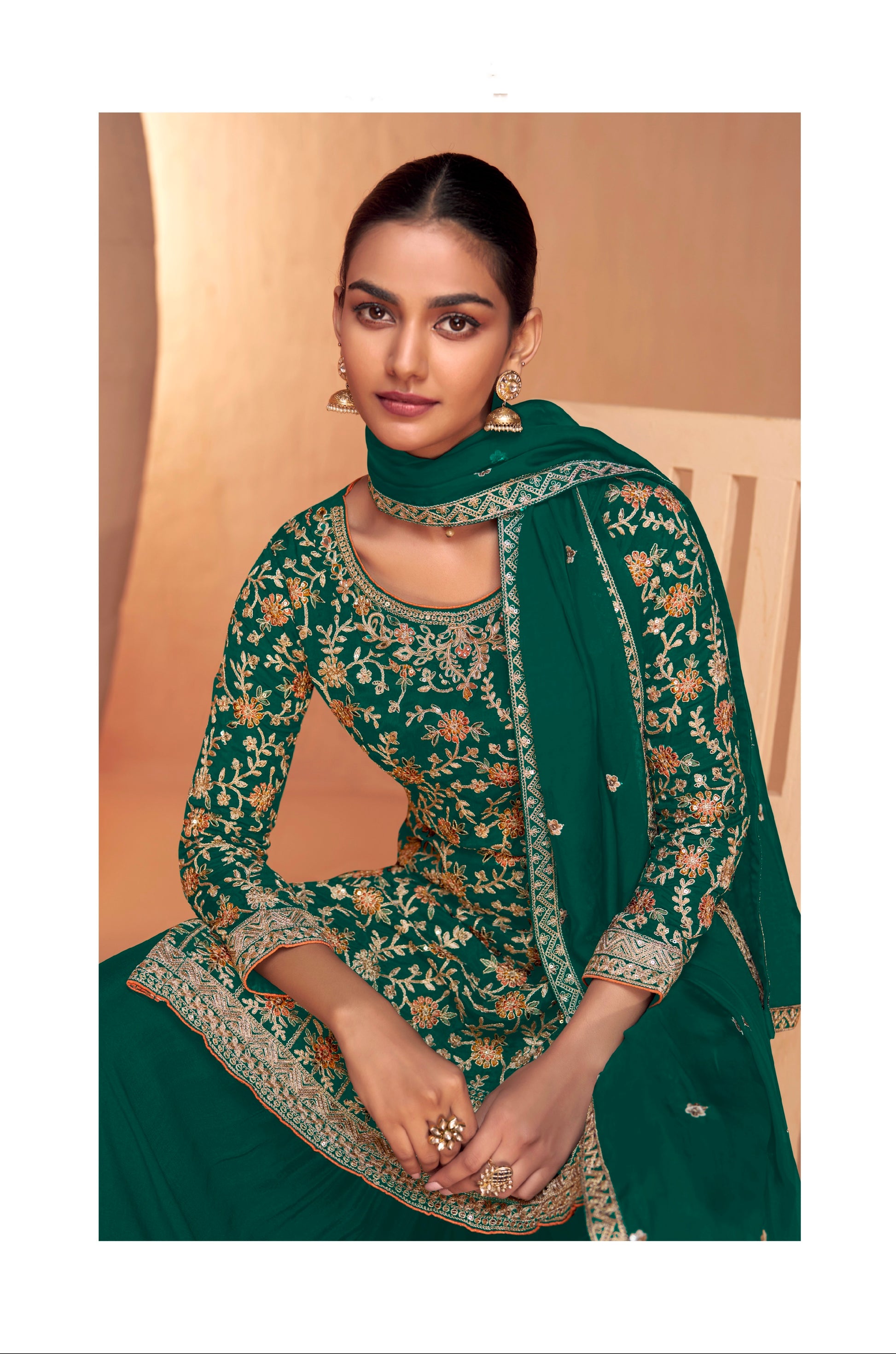 Green Embroidered Sharara Suit with Real Chinon Dupatta