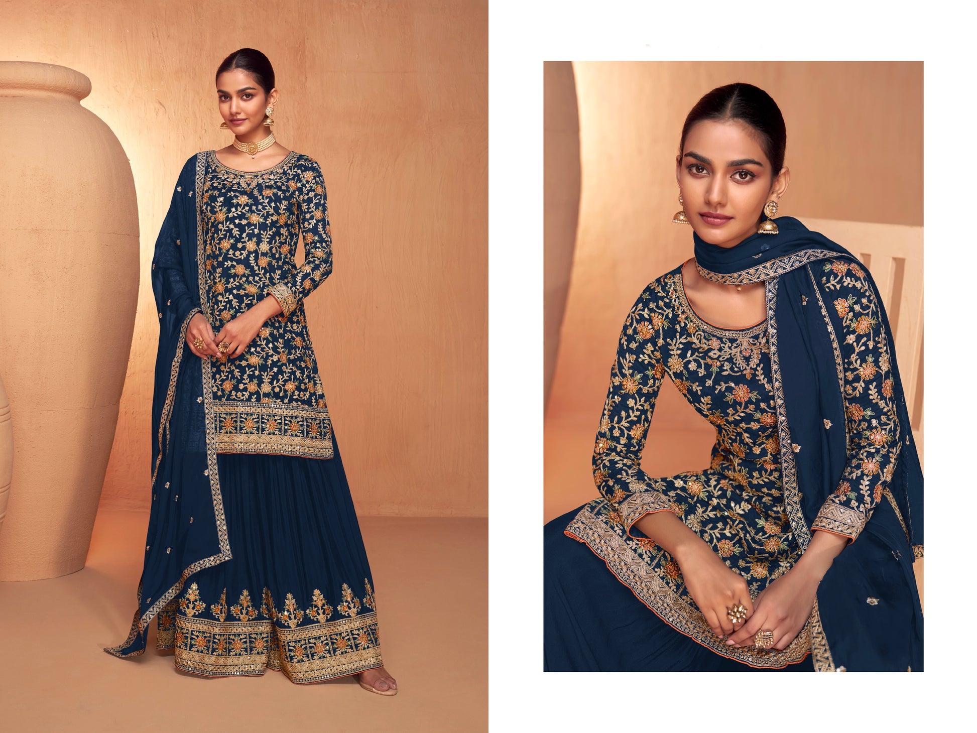 Navy Blue Embroidered Sharara Suit with Real Chinon Dupatta