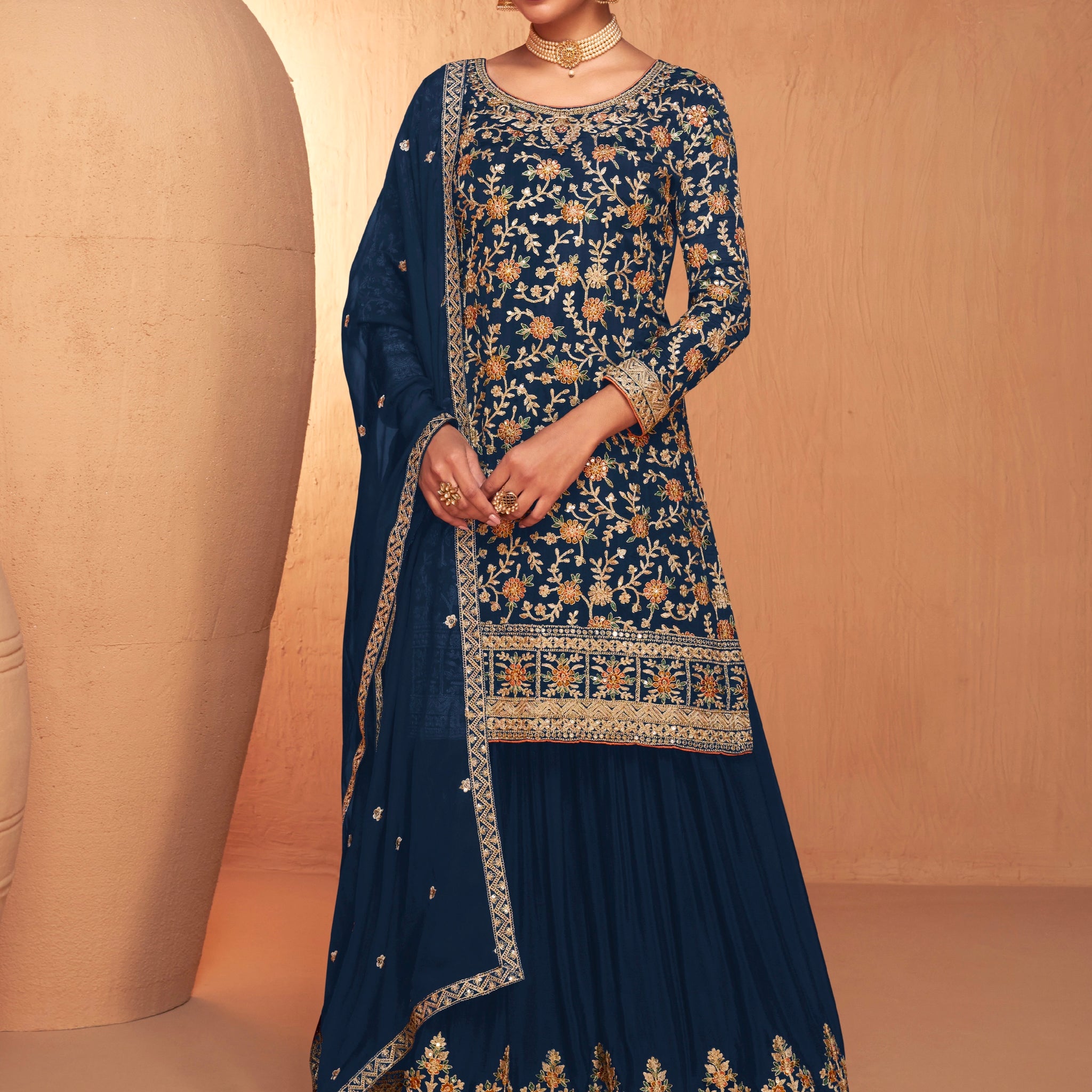 Navy Blue Embroidered Sharara Suit with Real Chinon Dupatta