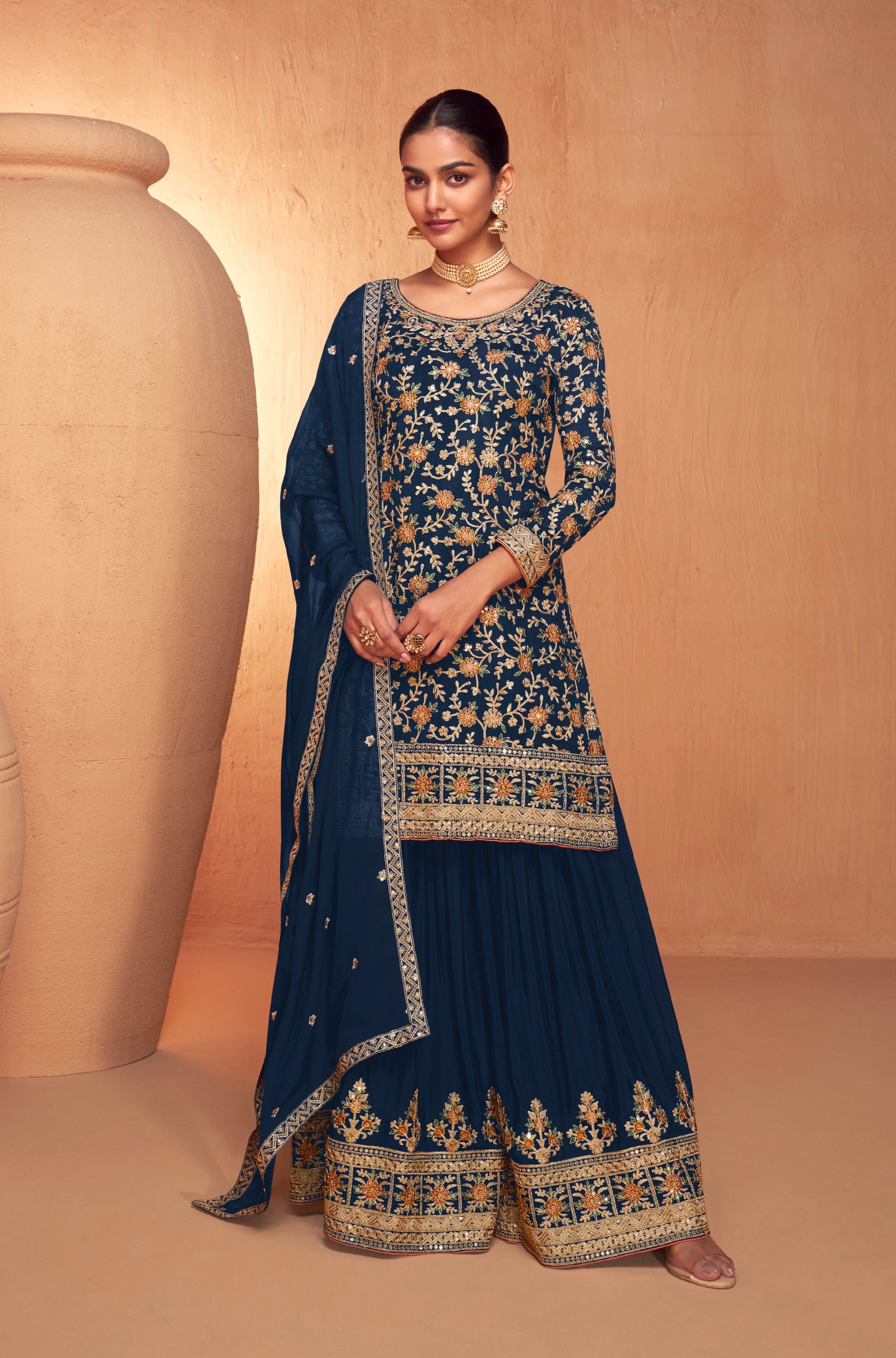 Navy Blue Embroidered Sharara Suit with Real Chinon Dupatta