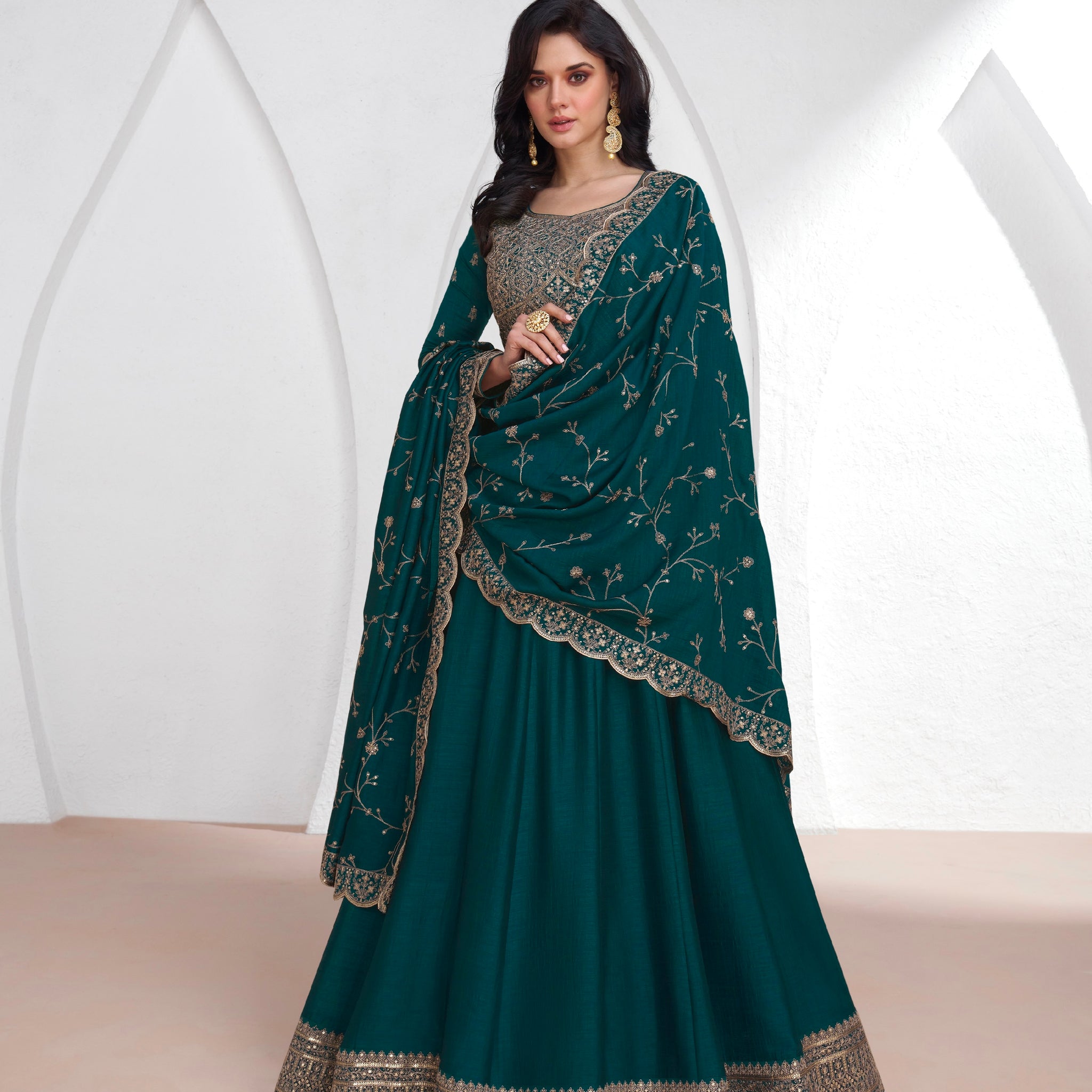 Teal Green Premium Silk Anarkali Suit with Intricate Embroidery and Dupatta.