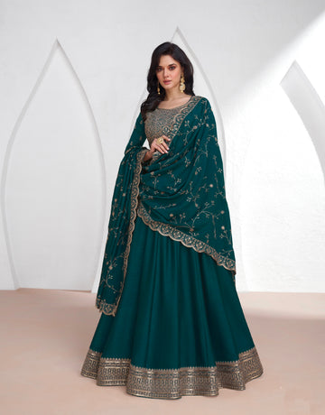 Teal Green Premium Silk Anarkali Suit with Intricate Embroidery and Dupatta.