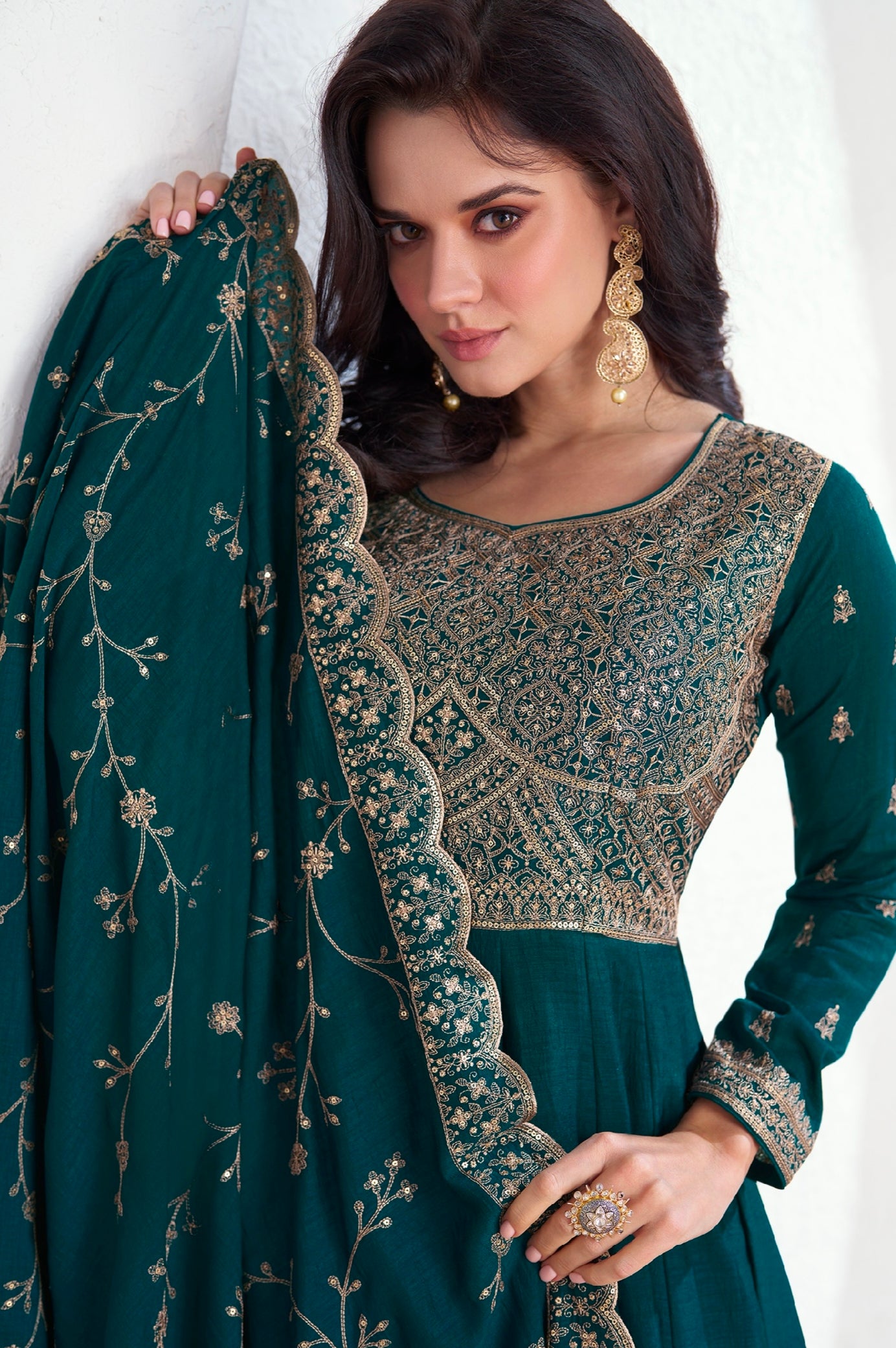 Teal Green Premium Silk Anarkali Suit with Intricate Embroidery and Dupatta.