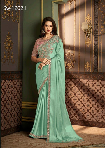 Beautiful Designer Party Wear Sandalwood Rainbow Silk Saree