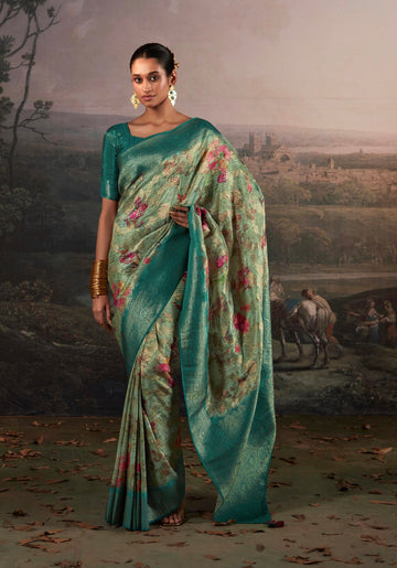 Beautiful Designer Wedding Wear Pure Zari Linen With Floral Print Saree