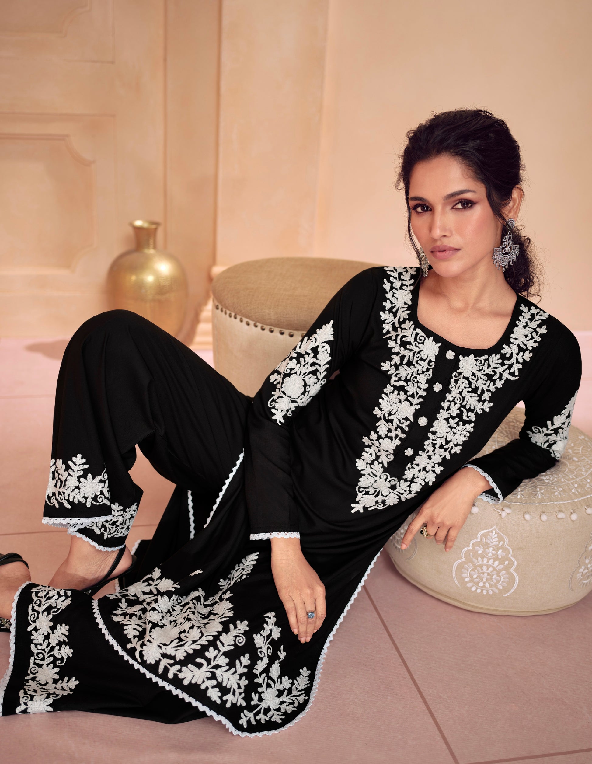 Black & White Chikankari Kurti with Heavy Embroidered Dupatta, ideal for formal events and weddings