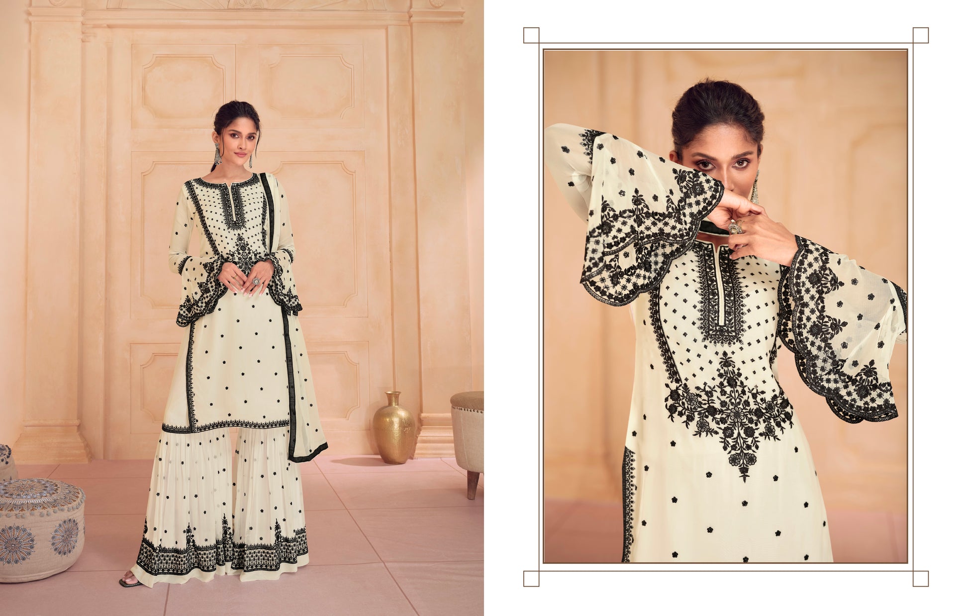 White & Black Sharara Suit with Heavy Embroidered Dupatta, perfect for weddings