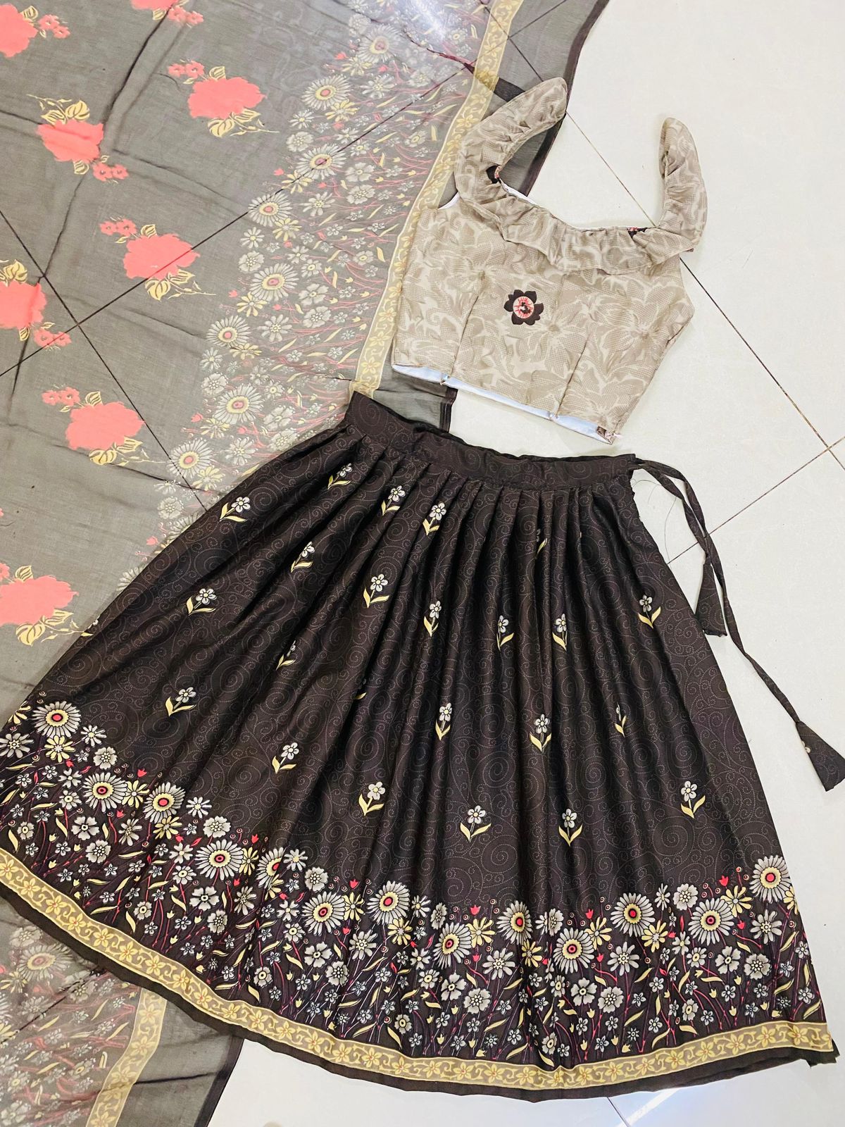 Beautiful Designer Soft Crap Silk Kid's Top with Lehenga Dress