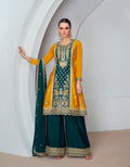 Woman in Mustard Yellow and Dark Green Embroidered Palazzo Suit.