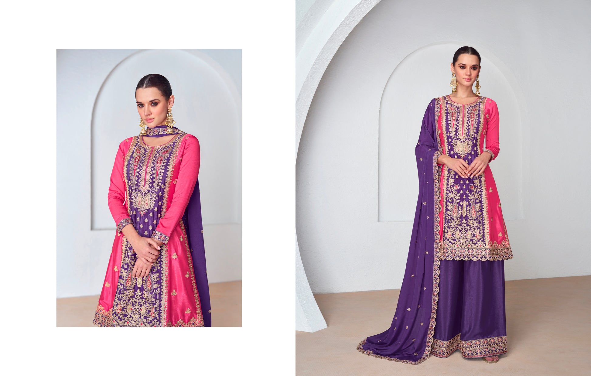 Purple and pink Chinnon Silk palazzo suit with embroidery.