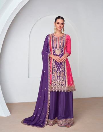 Purple and pink Chinnon Silk palazzo suit with embroidery.