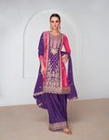 Purple and pink Chinnon Silk palazzo suit with embroidery.