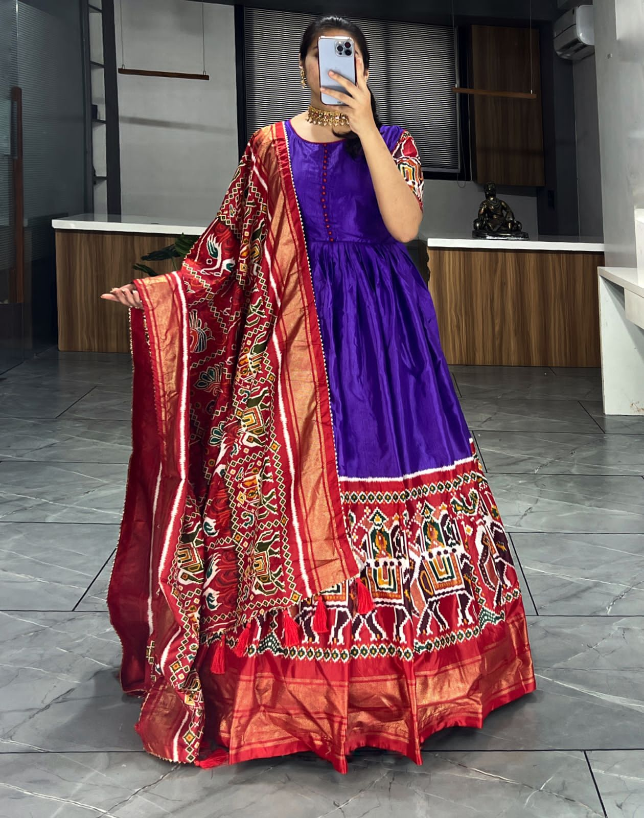 Beautiful Designer Soft Dola Silk Patola Print Party Wear Gown