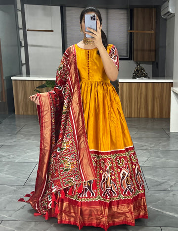 Beautiful Designer Soft Dola Silk Patola Print Party Wear Gown