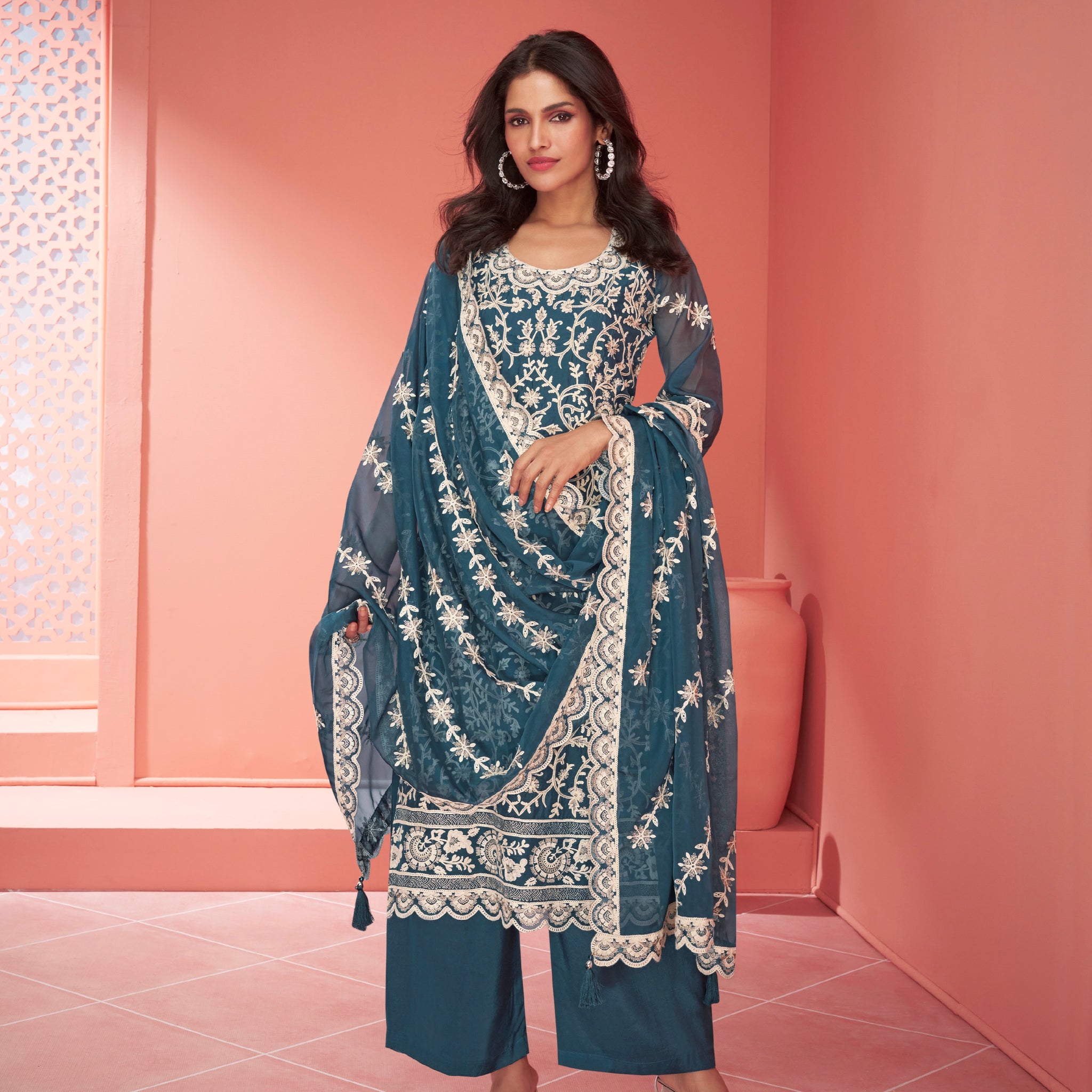 Blue Organza Silk Palazzo Suit with Embroidered Dupatta