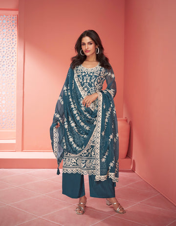 Blue Organza Silk Palazzo Suit with Embroidered Dupatta