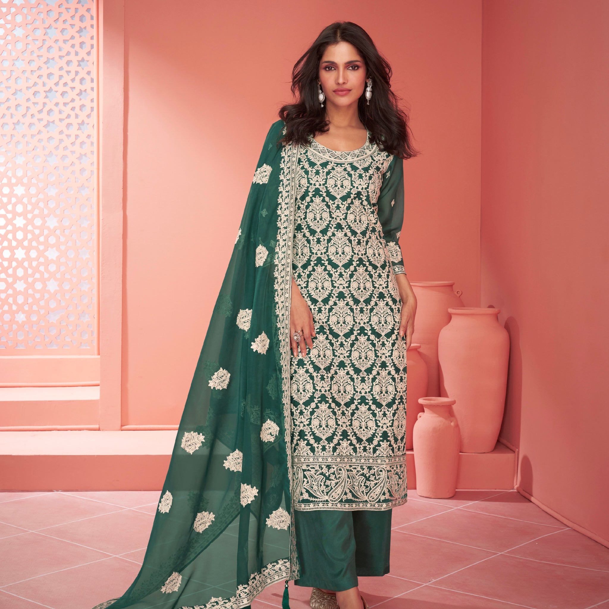 Green Organza Silk Palazzo Suit with Embroidered Dupatta