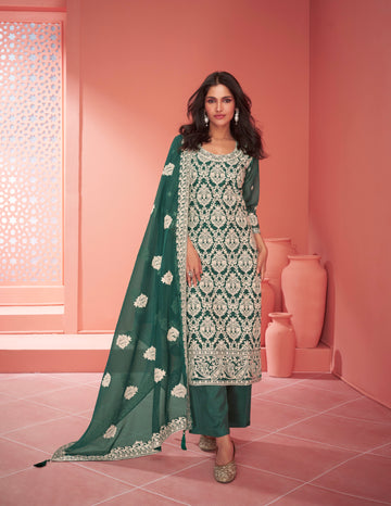 Green Organza Silk Palazzo Suit with Embroidered Dupatta