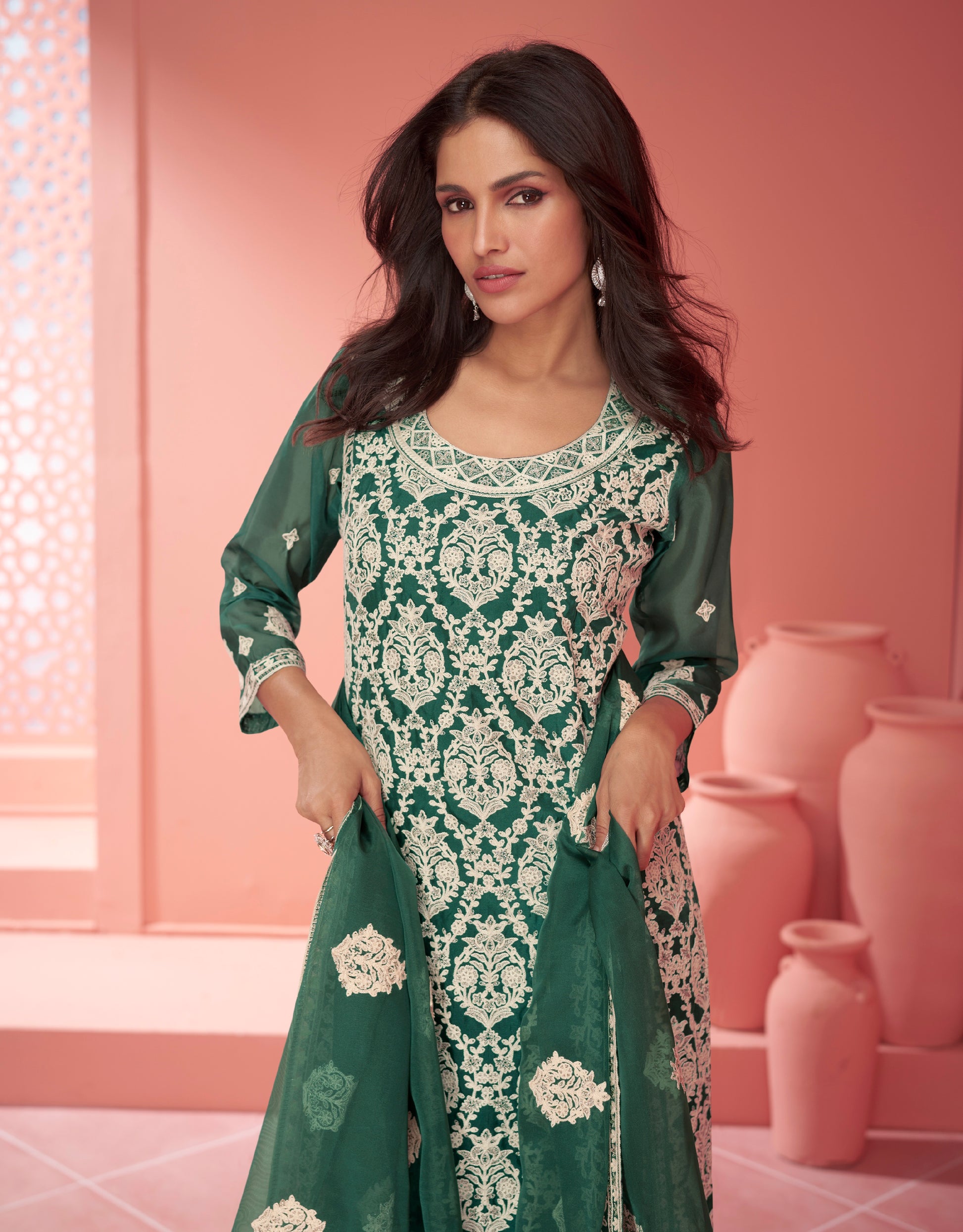 Green Organza Silk Palazzo Suit with Embroidered Dupatta