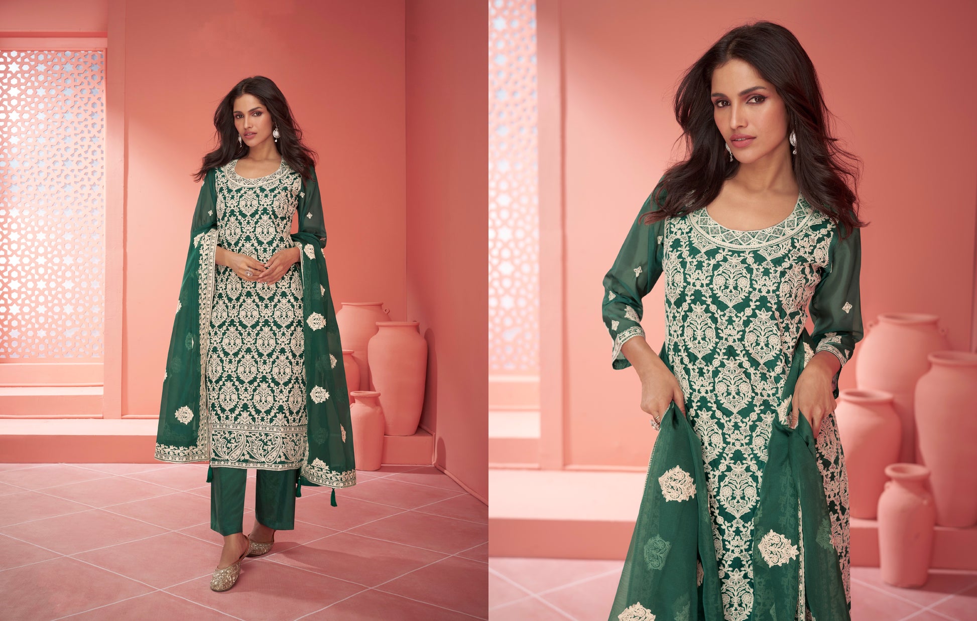 Green Organza Silk Palazzo Suit with Embroidered Dupatta