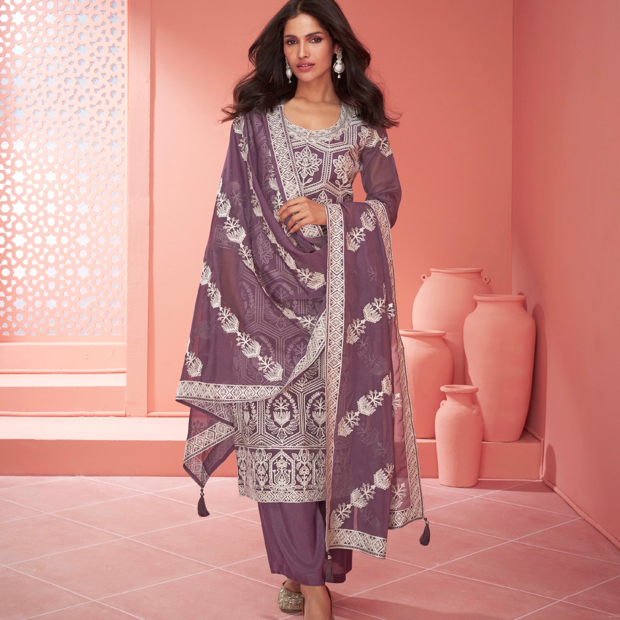 Purple Organza Silk Palazzo Suit with Embroidered Dupatta