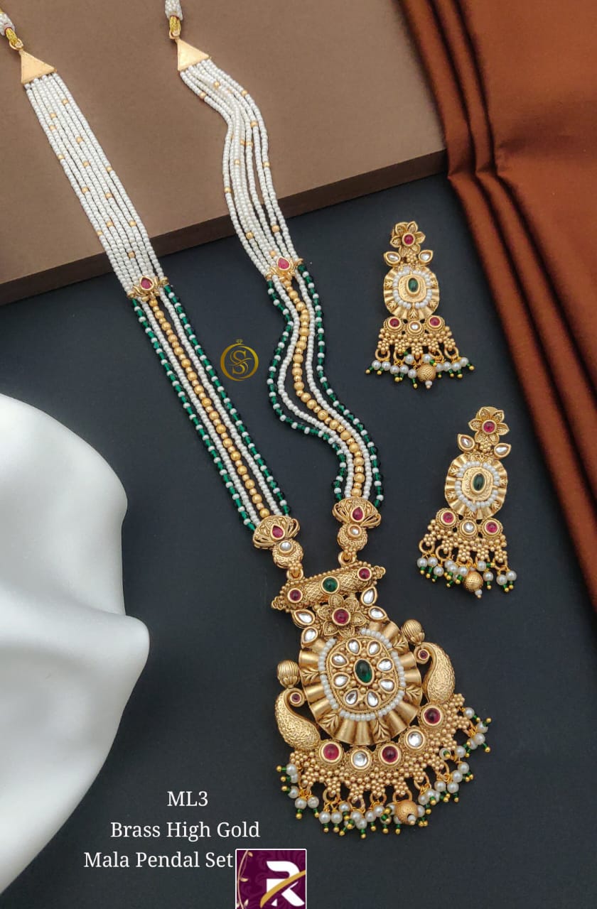 Beautiful Designer High Brass  Gold Antique Long Kundan Moti Mala with Earrings