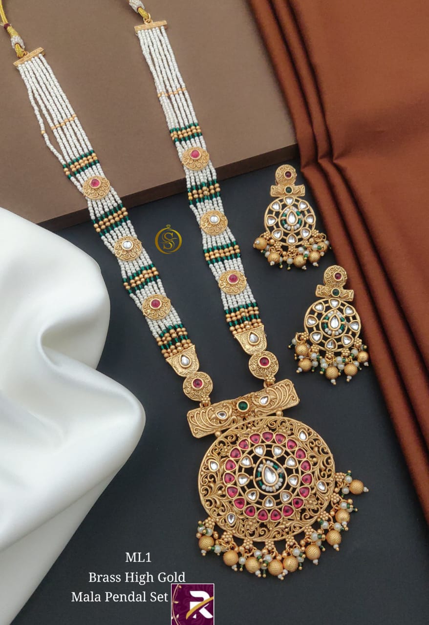 Beautiful Designer High Brass  Gold Antique Long Kundan Moti Mala with Earrings