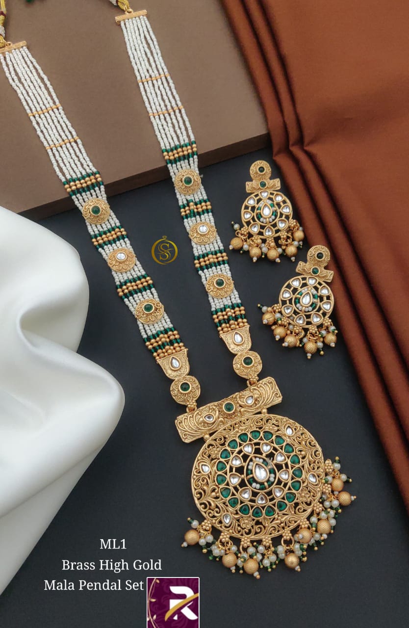 Beautiful Designer High Brass  Gold Antique Long Kundan Moti Mala with Earrings