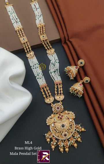 Beautiful Designer High Brass  Gold Antique Long Kundan Moti Mala with Earrings