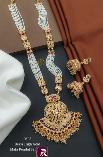 Beautiful Designer High Brass  Gold Antique Long Kundan Moti Mala with Earrings