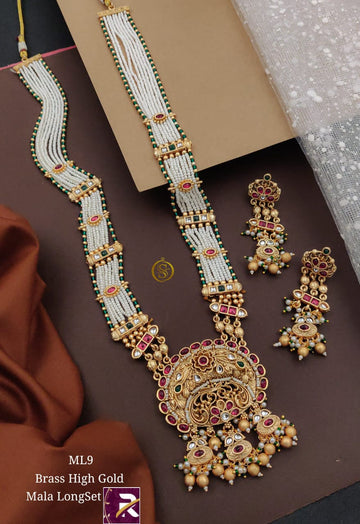 Beautiful Designer High Brass  Gold Antique Long Kundan Moti Mala with Earrings