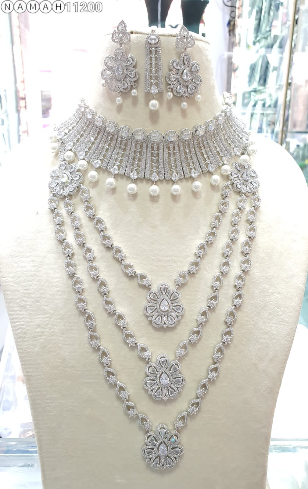 Wedding Special American Diamond Antique Stone Necklace with Earrings Jewellery