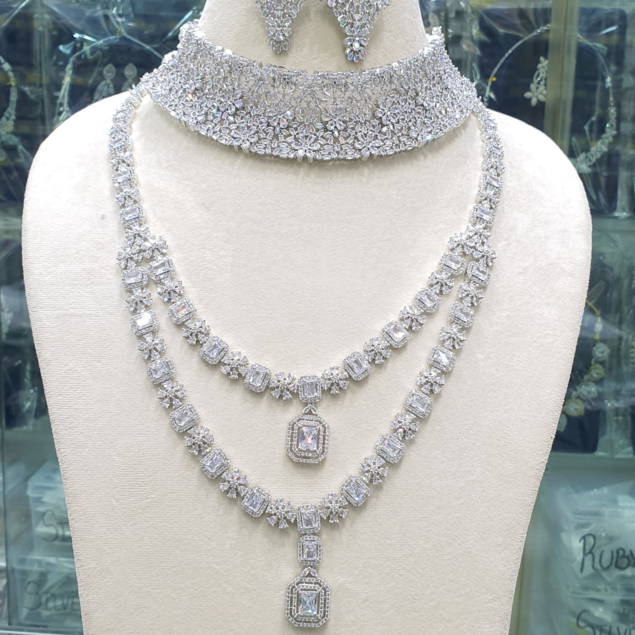 Wedding Special American Diamond Antique Stone Necklace with Earrings Jewellery