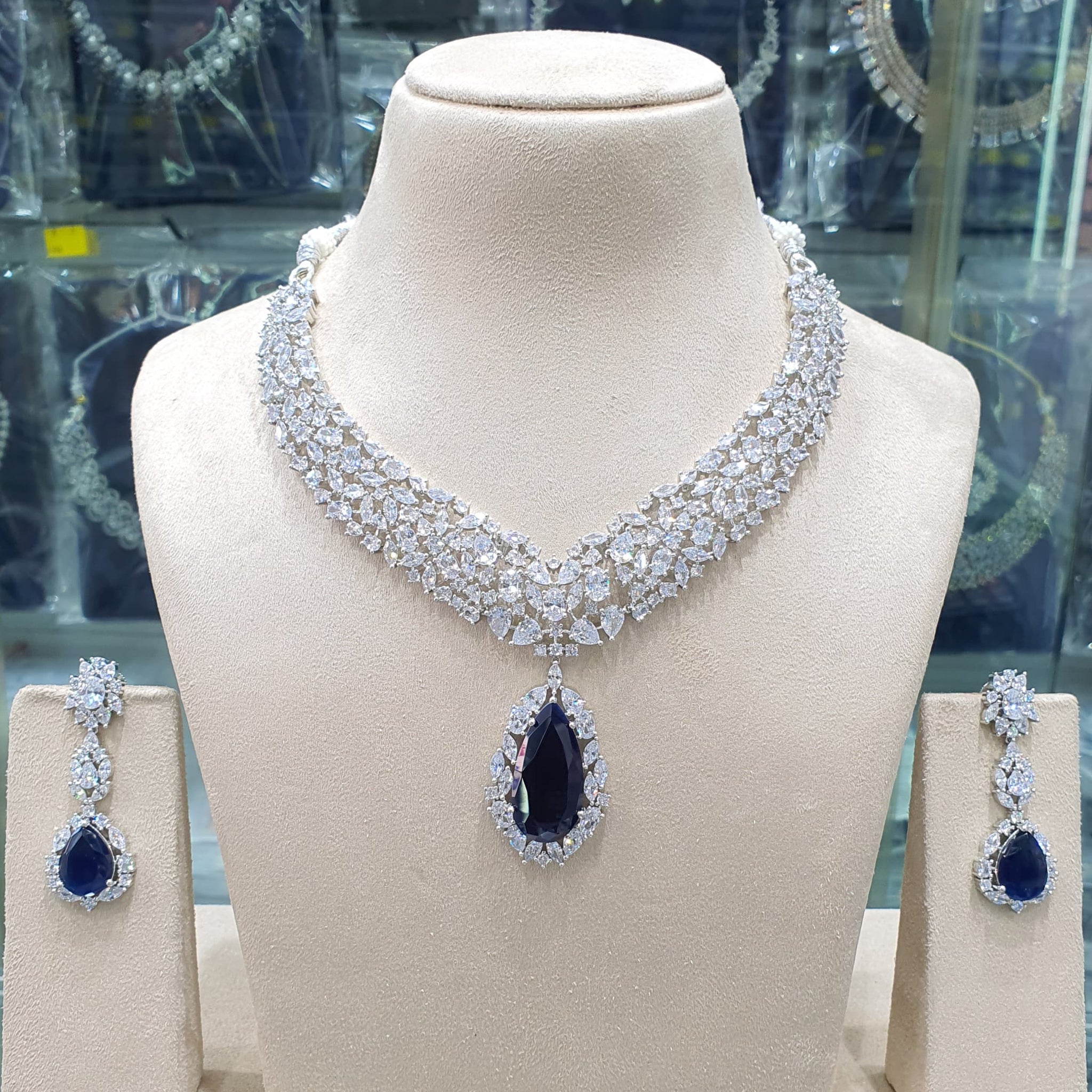 Beautiful American Diamond Antique Stone Necklace with Earrings Jewellery