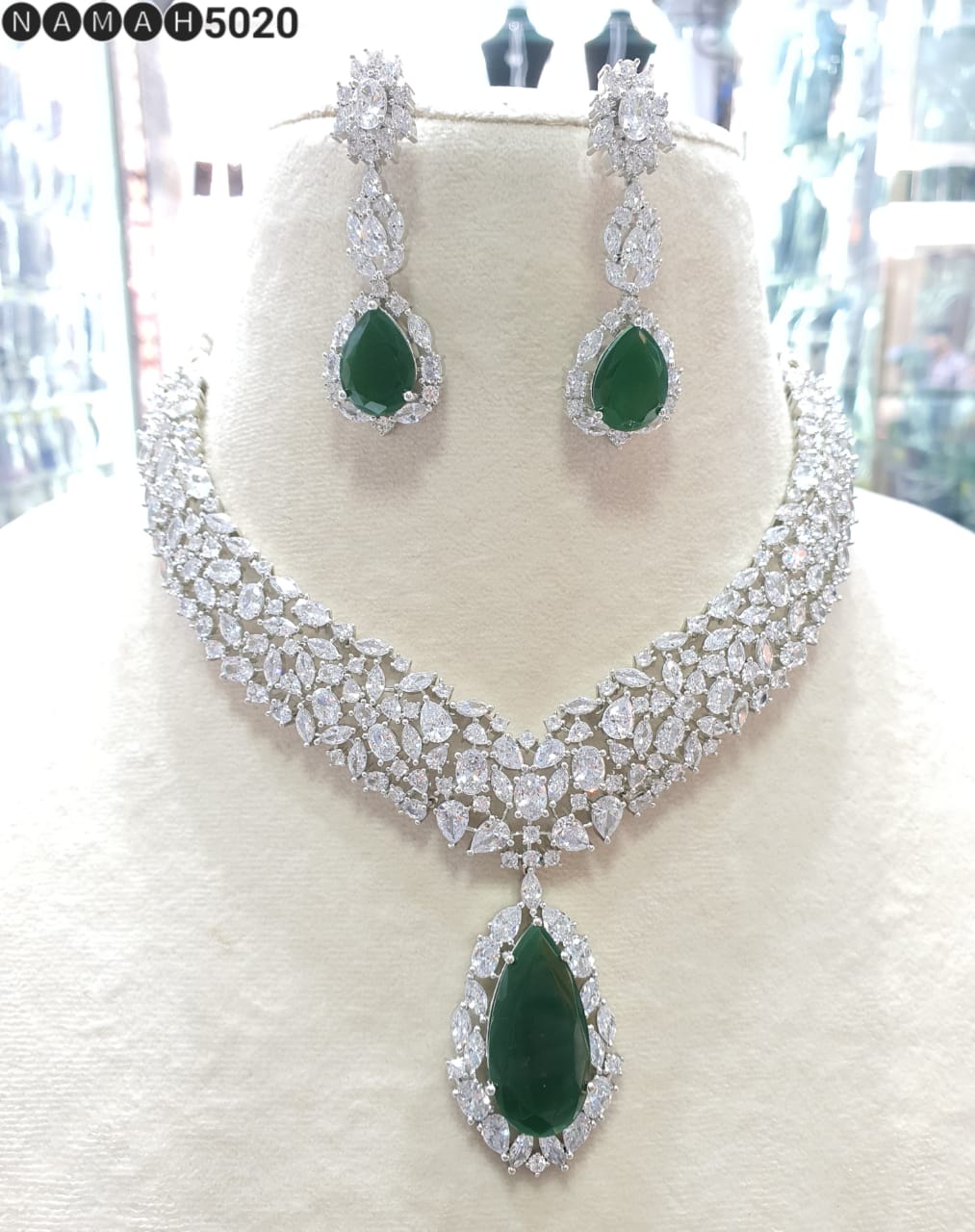 Beautiful American Diamond Antique Stone Necklace with Earrings Jewellery