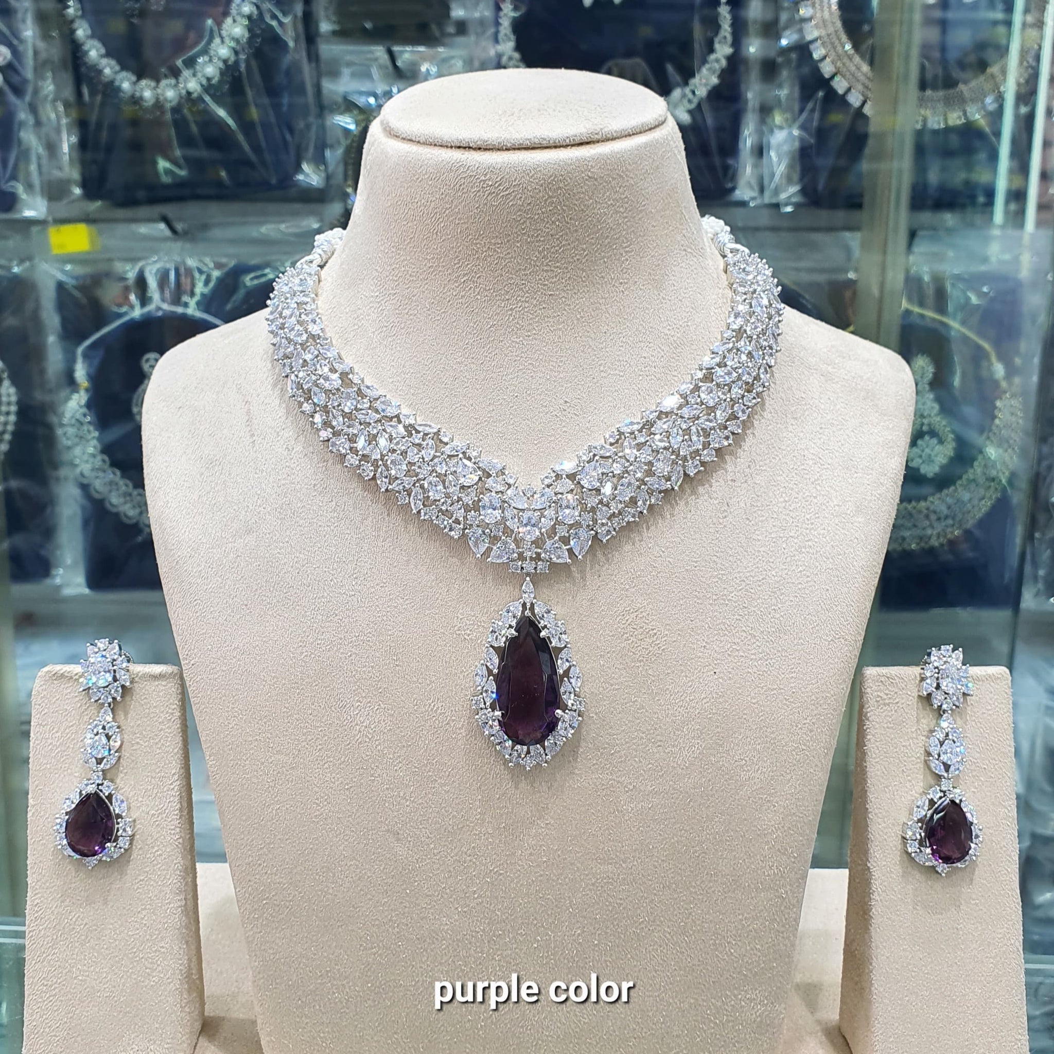 Beautiful American Diamond Antique Stone Necklace with Earrings Jewellery