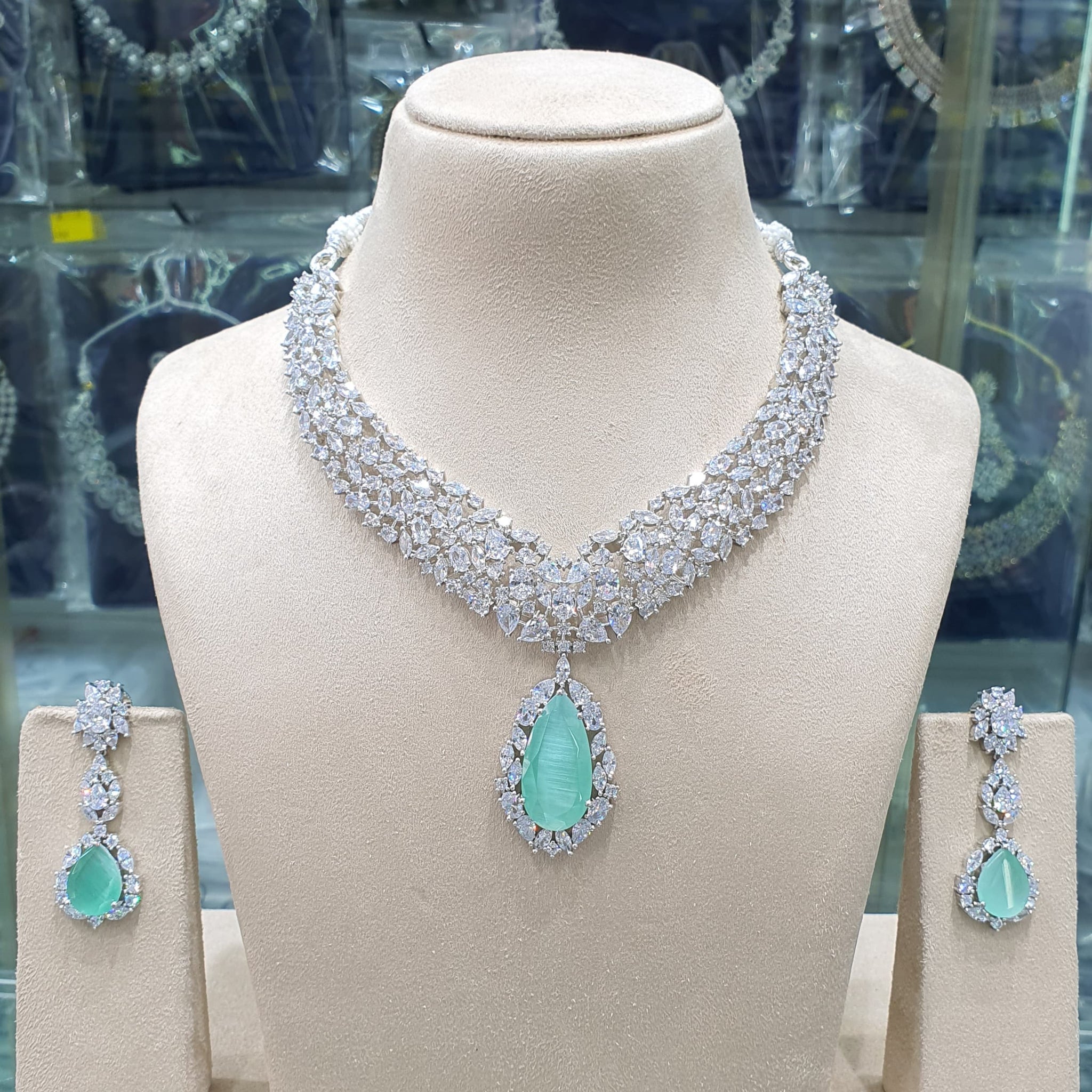 Beautiful American Diamond Antique Stone Necklace with Earrings Jewellery