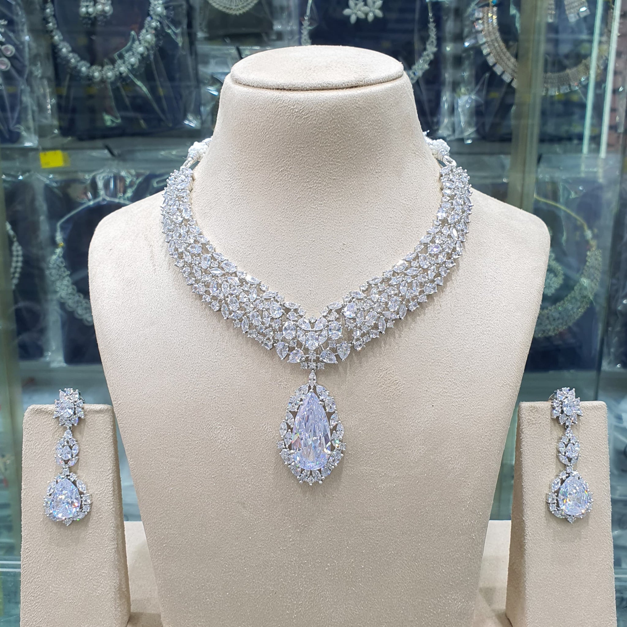 Beautiful American Diamond Antique Stone Necklace with Earrings Jewellery