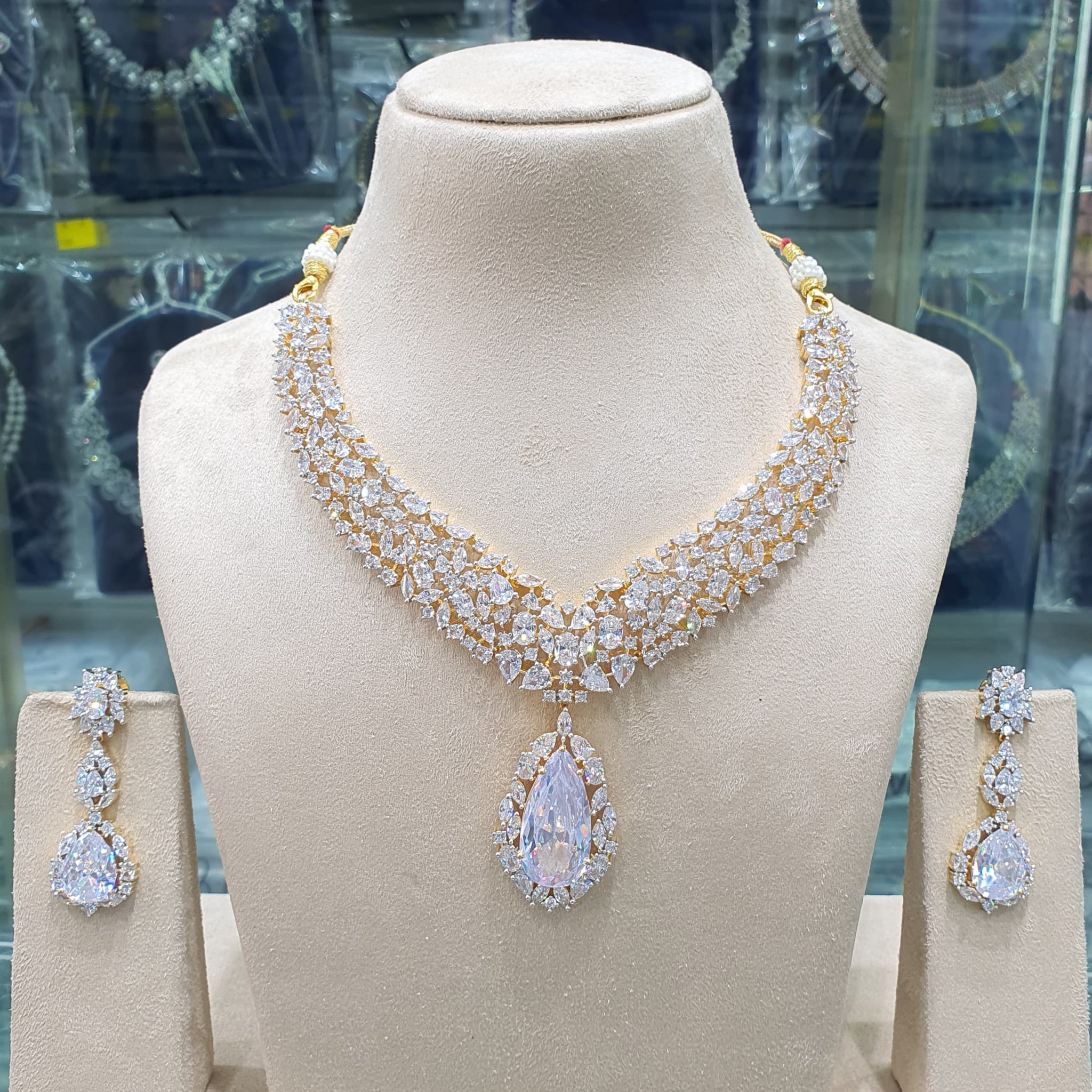 Beautiful American Diamond Antique Stone Necklace with Earrings Jewellery