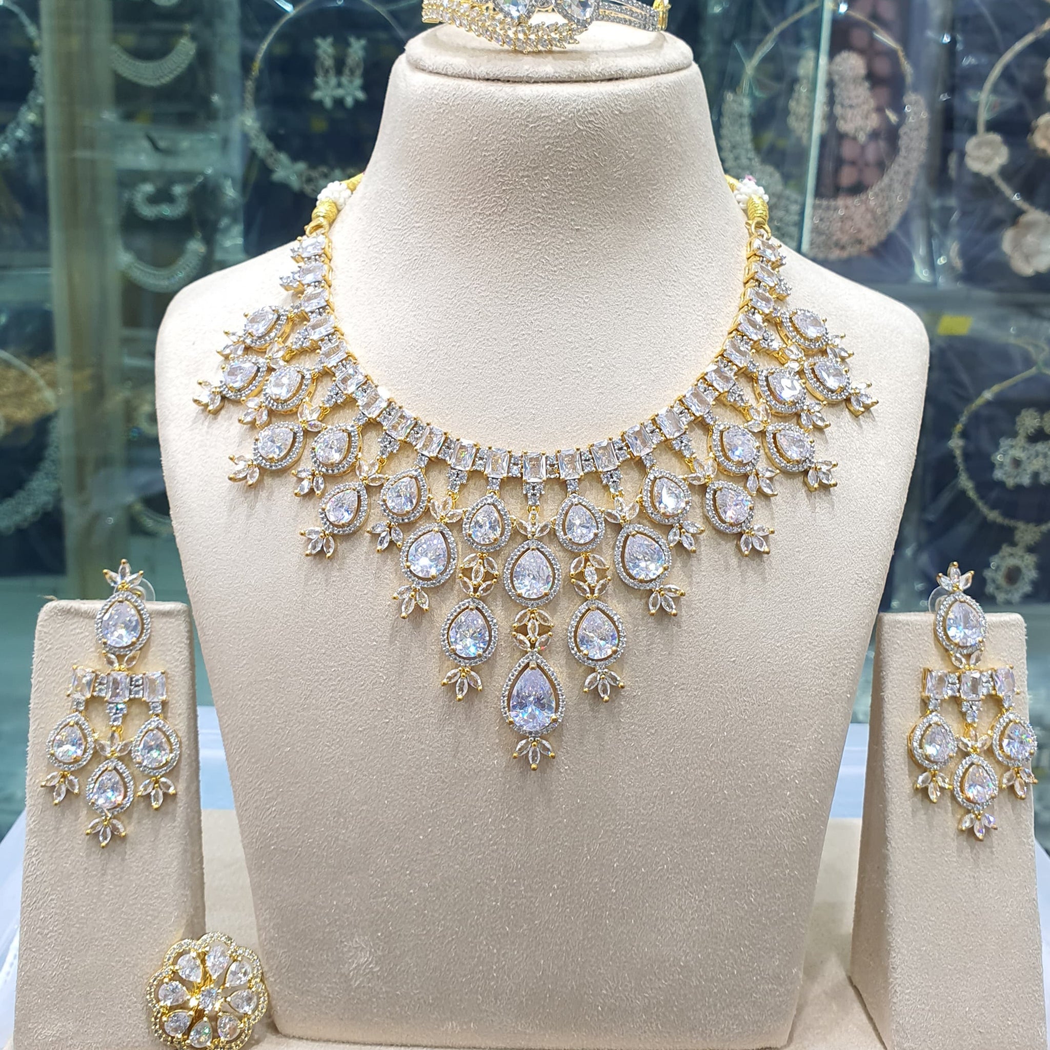 Beautiful American Diamond Antique Stone Necklace with Earrings Jewellery