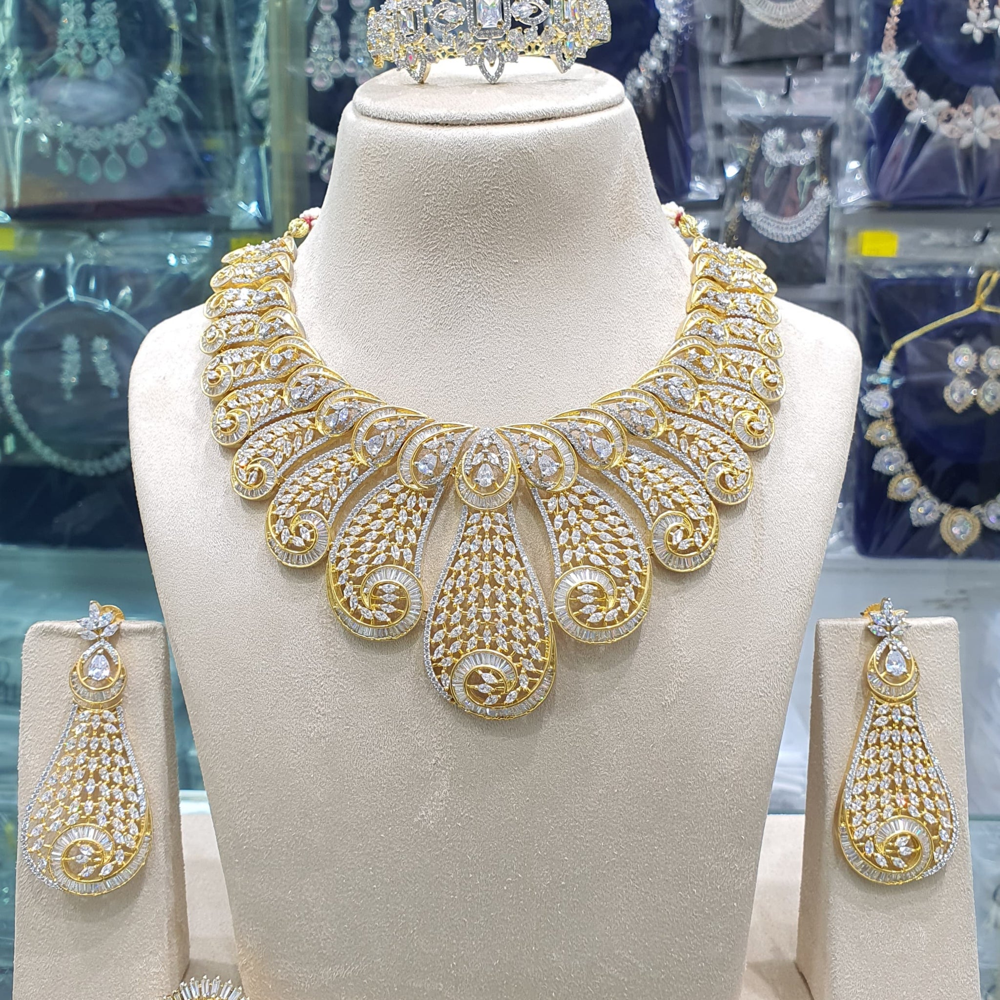 Beautiful American Diamond Antique Stone Necklace with Earrings Jewellery