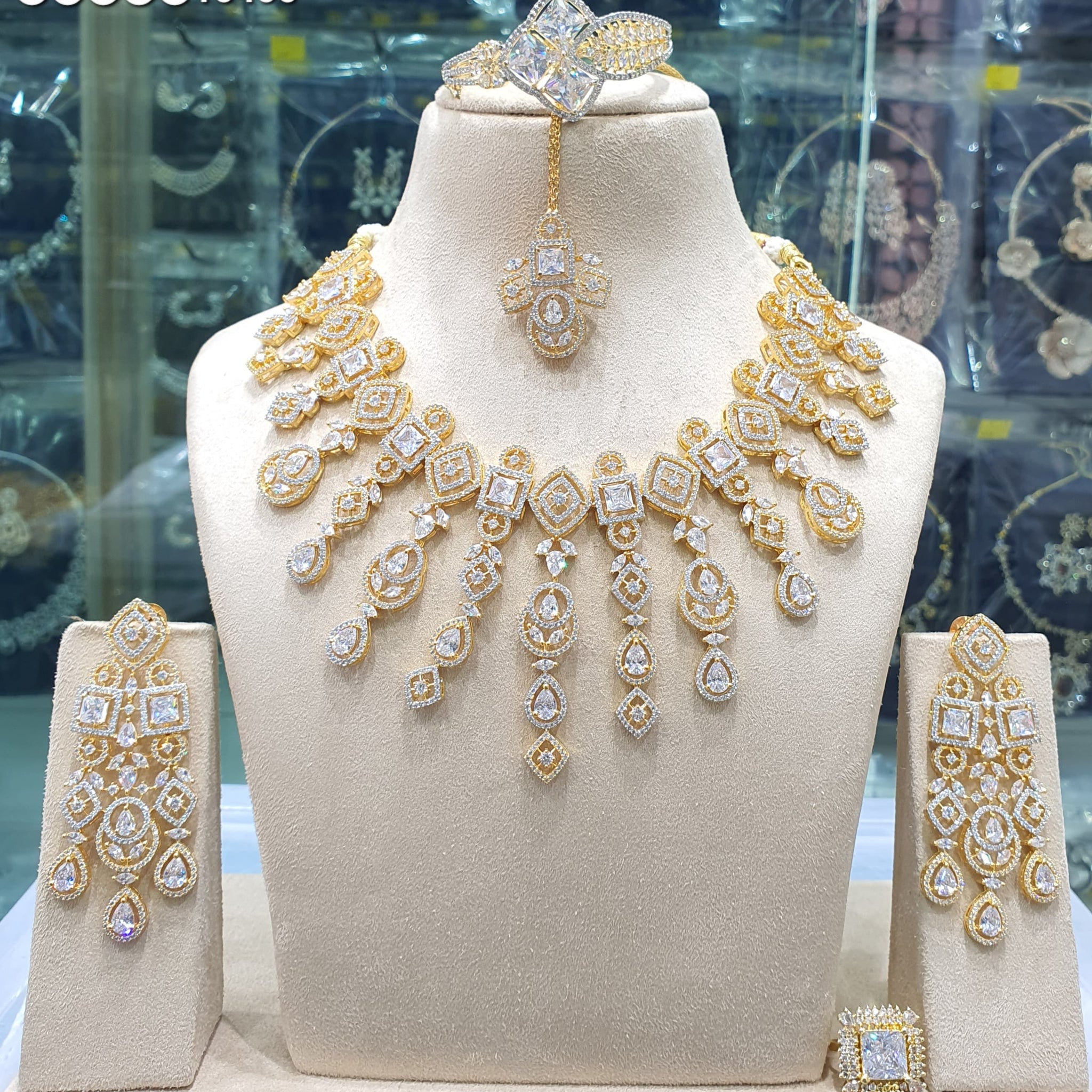 Beautiful American Diamond Antique Stone Necklace with Earrings Jewellery